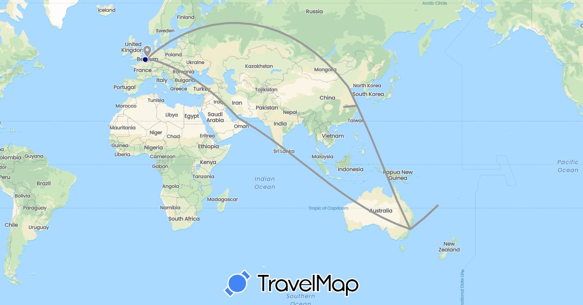 TravelMap itinerary: driving, plane in United Arab Emirates, Australia, Belgium, China, France, New Caledonia (Asia, Europe, Oceania)